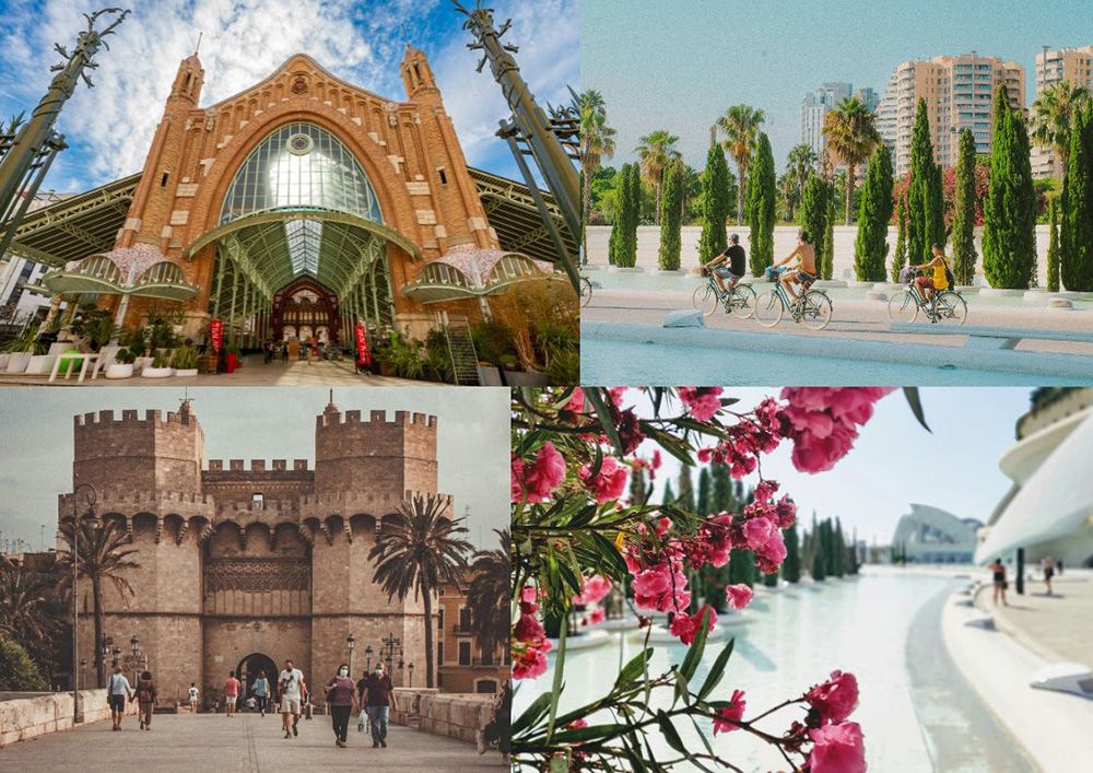 Collage of landmarks and scenes in Valencia, including the Mercado de Colón, cyclists in the Turia Gardens, the medieval Serranos Towers, and modern architecture at the City of Arts and Sciences with pink flowers in the foreground.