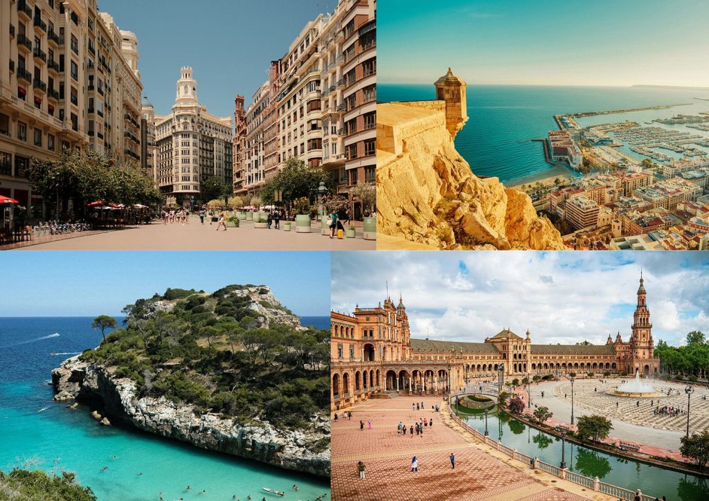 Four Spanish town landscape images as a collage containing Valencia, Alicante, Mallorca and Seville Spain.