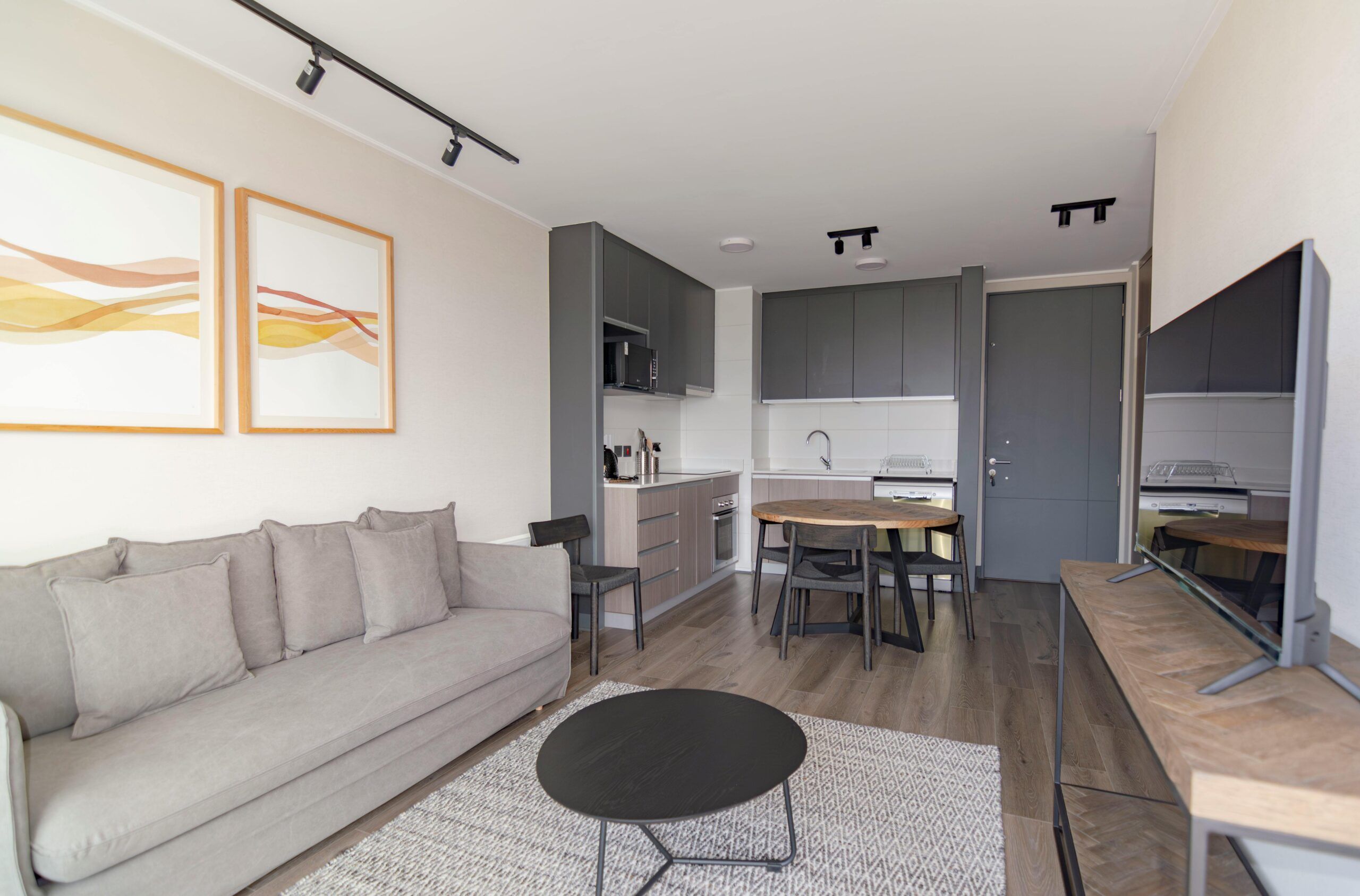 Modern rental apartment interior with a gray sofa, small kitchen, dining table, and contemporary decor.