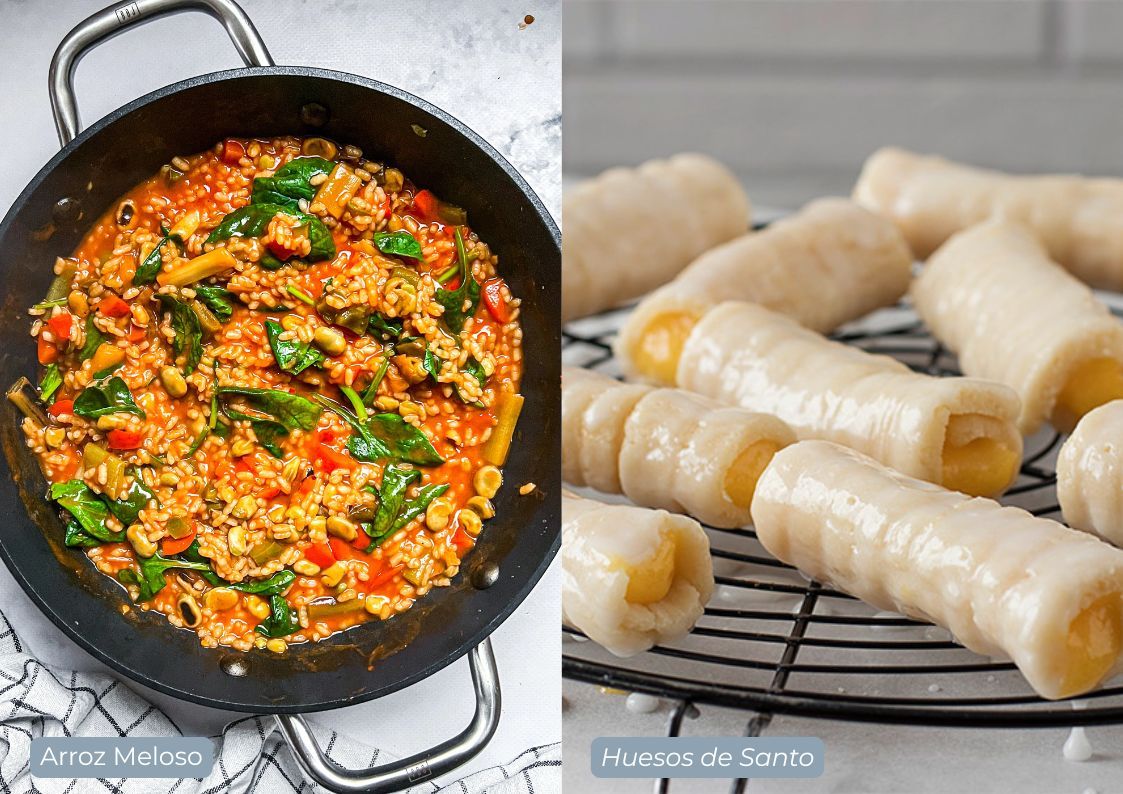 Side-by-side images of Spanish autumn foods: a pan of arroz meloso (creamy rice with vegetables) and Huesos de Santo, traditional marzipan sweets filled with yolk cream.