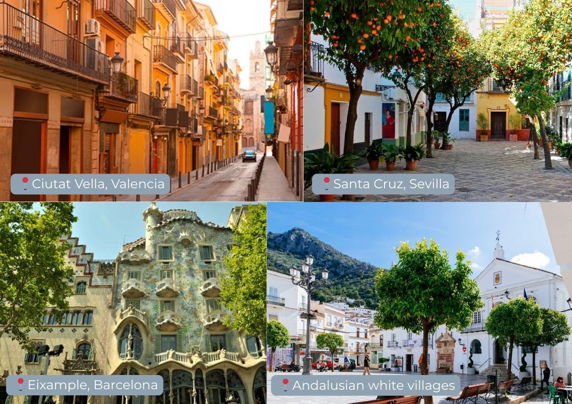 Collage of Spanish architecture and neighborhoods featuring Ciutat Vella in Valencia, Santa Cruz in Seville with orange trees, Gaudí’s modernist design in Barcelona’s Eixample, and a traditional Andalusian white village with mountain views.