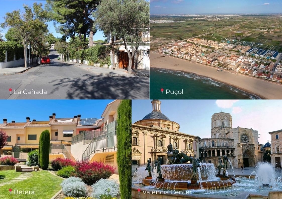 Collage of four areas in Valencia: a residential street in La Cañada, aerial view of Puçol beach, houses with gardens in Bétera, and the historic Plaza de la Virgen with fountain in Valencia city center.
