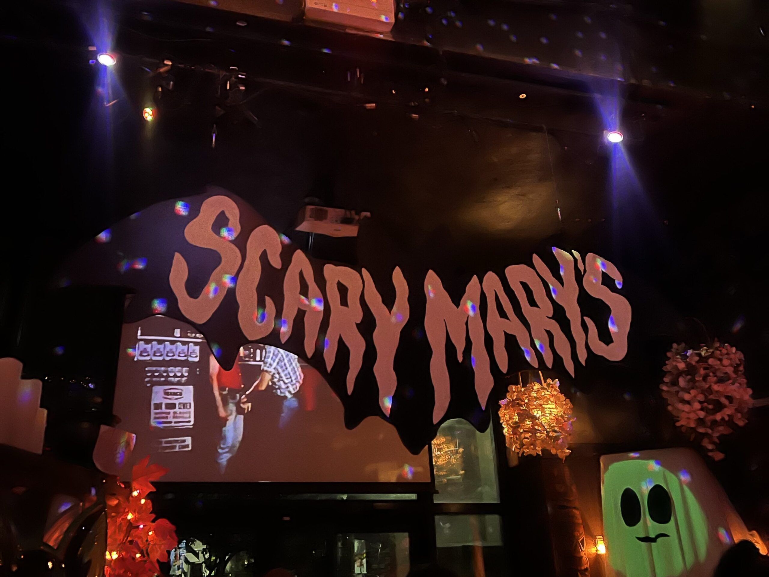 Halloween nightclub in Valencia Spain decorated with spooky lights and Scary Mary’s party theme