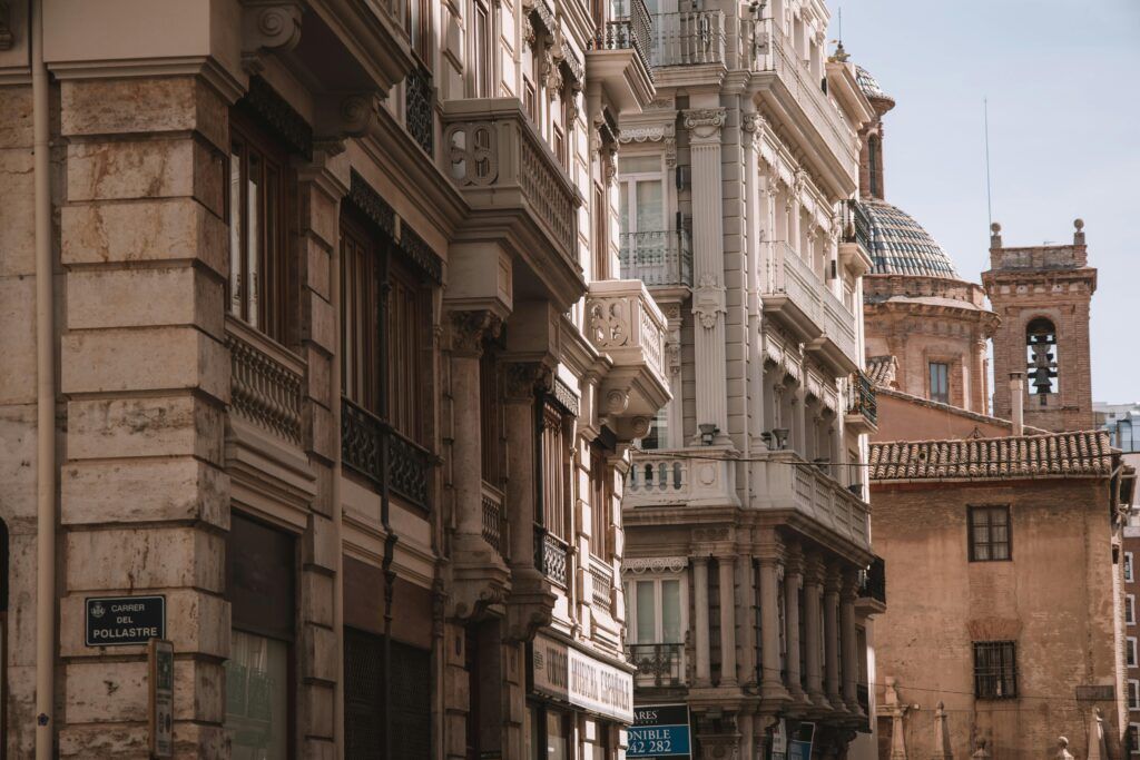 Historic architecture and residential buildings in Valencia Spain city center