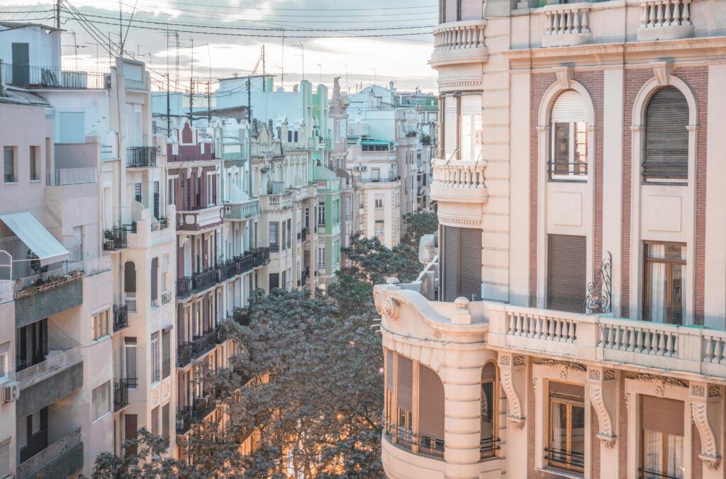 Colorful residential buildings and classic architecture in Valencia Spain neighborhood
