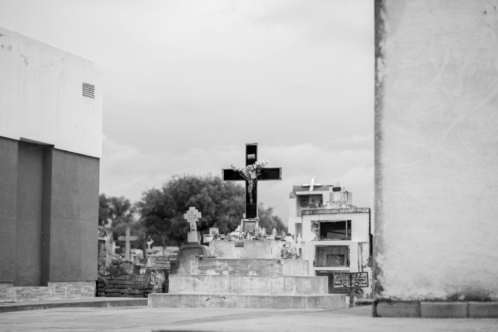 Spanish cemetery with crosses and tombs on All Saints’ Day tradition in Spain