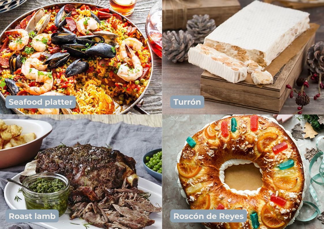 Traditional Spanish Christmas foods including a seafood platter, roast lamb, turrón, and Roscón de Reyes cake.
