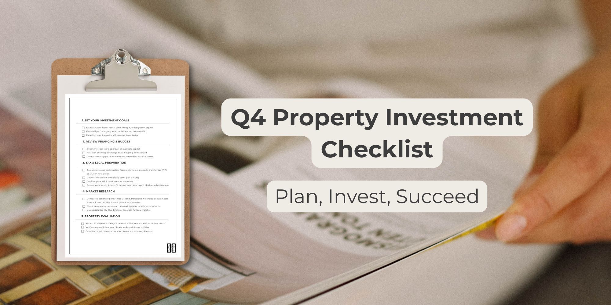 Clipboard showing My Blue Bricks Q4 Property Investment Checklist with text ‘Plan, Invest, Succeed.'
