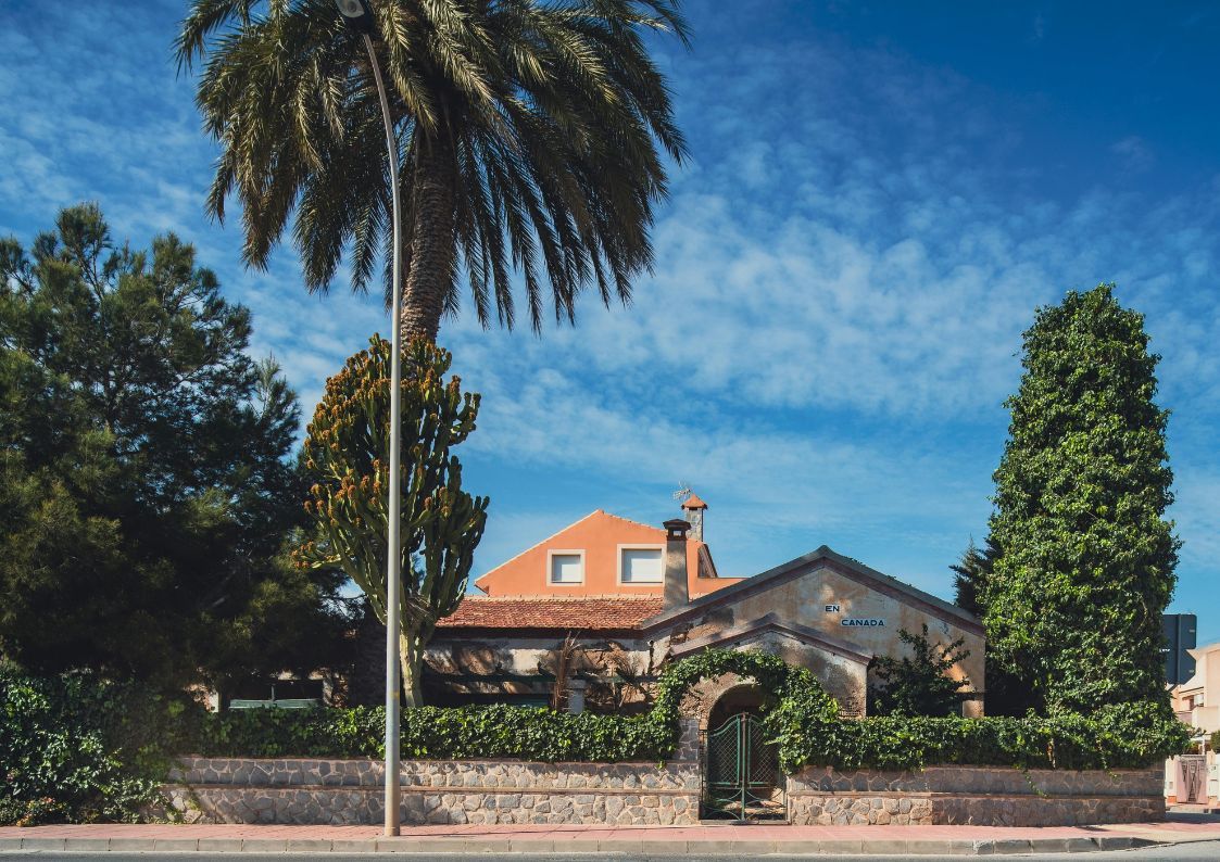 Traditional Spanish villa with palm trees under a clear blue winter sky