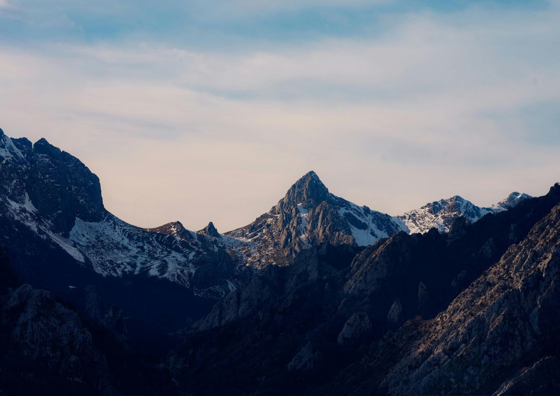 Snow-capped mountain peaks in northern Spain during winter season